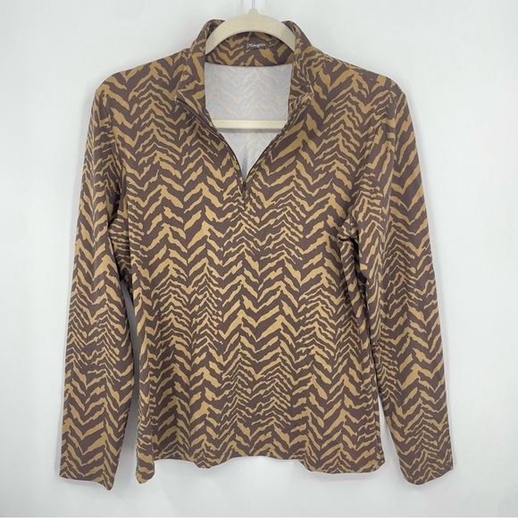 J. McLaughlin Brown Zebra Print Bedford Catalina Quarter Zip Pullover Top L - Picture 1 of 7